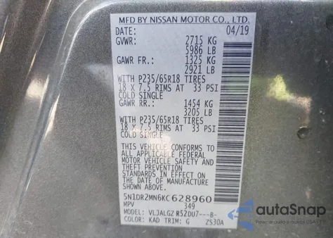 2019 Nissan Pathfinder Sl from USA, damaged, VIN 5N1DR2MN6KC628960